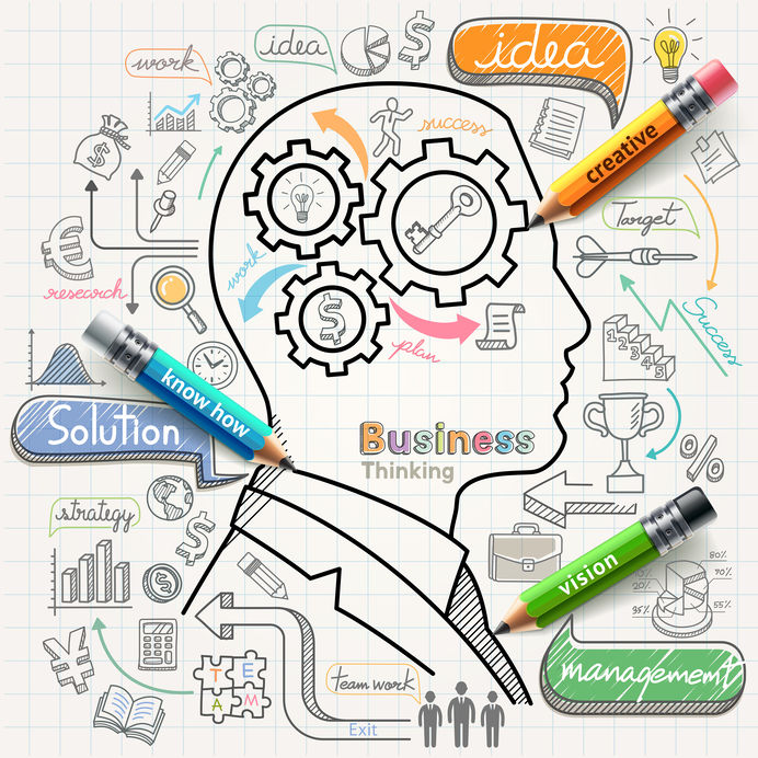 Businessman Thinking Concept Doodles Icons Set. Vector Illustration.